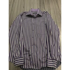 Bugatchi Uomo‎ Men's M Purple White Stripe Dress Shirt Modern Fit Floral Trim